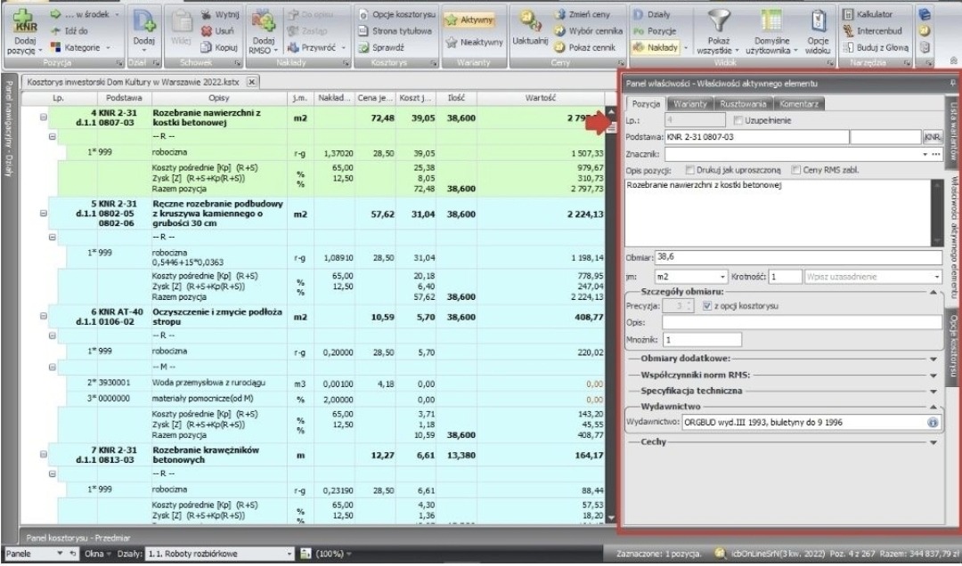 Zrzut ekranu programu kosztorysowego z otwartym oknem właściwości aktywnego elementu, szczegółowo opisującego rozebranie nawierzchni z kostki betonowej, w tym obmiar 38,6 m2 i odwołanie...