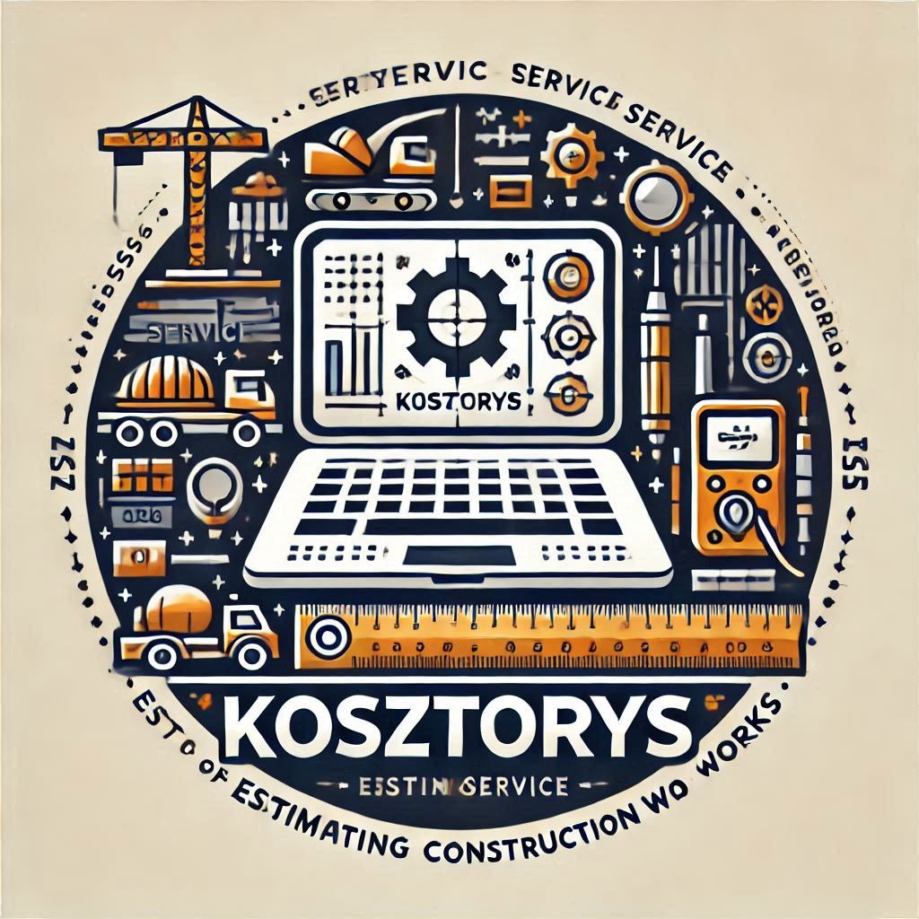 Ilustracja wektorowa przedstawiająca elementy związane z kosztorysowaniem budowlanym: laptop z grafiką koła zębatego, dźwig, betoniarka, kask, miernik, kalkulator, suwmiarka, otoczone napisem...
