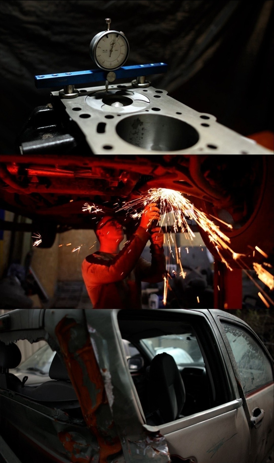 Trzy kadry: głowica silnika z czujnikiem zegarowym, spawanie podwozia samochodu z iskrami, zniszczony samochód po wypadku z uszkodzonym słupkiem.