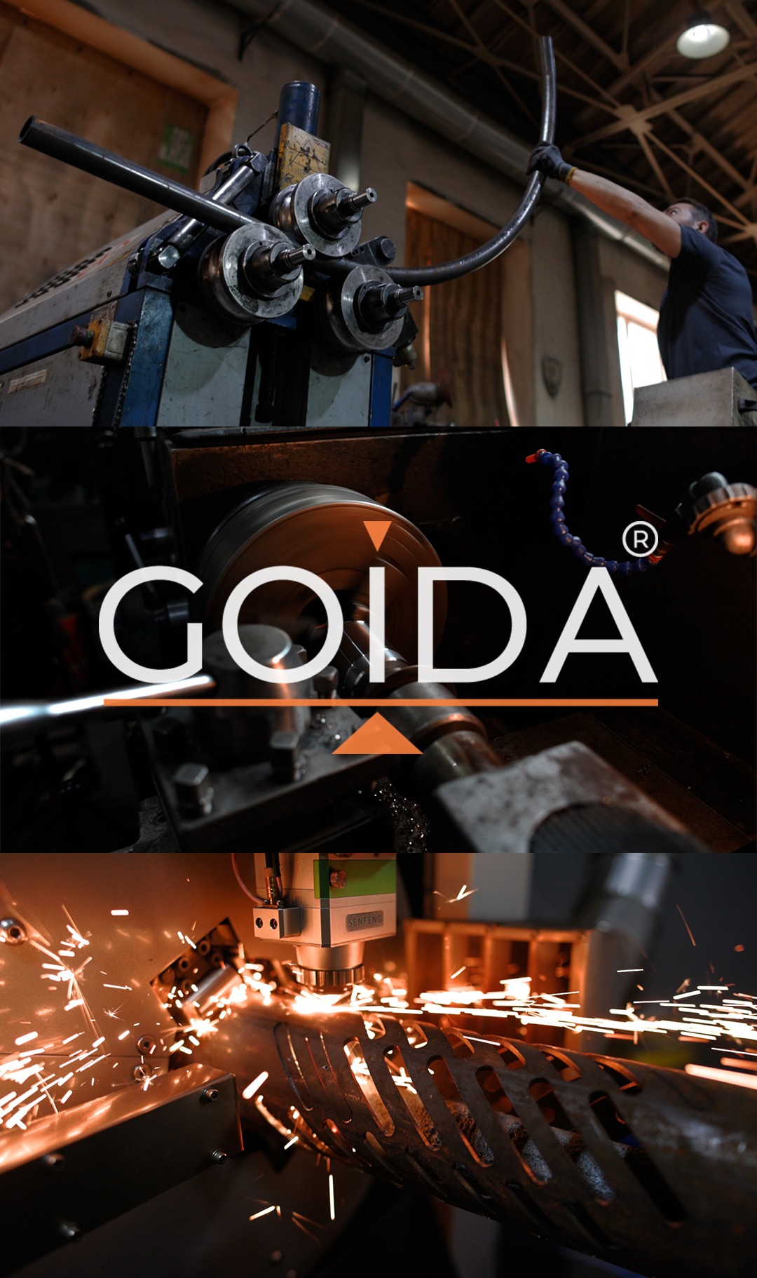 Proces obróbki metalu: gięcie rur na giętarce trzypunktowej, toczenie metalu z chłodzeniem i cięcie laserowe z iskrami. Na środkowym planie widoczne logo firmy GOIDA.