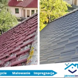 Porównanie dachu przed i po renowacji: część zarośnięta mchem i brudna, część czysta i pomalowana na szaro. Widoczny budynek w tle.