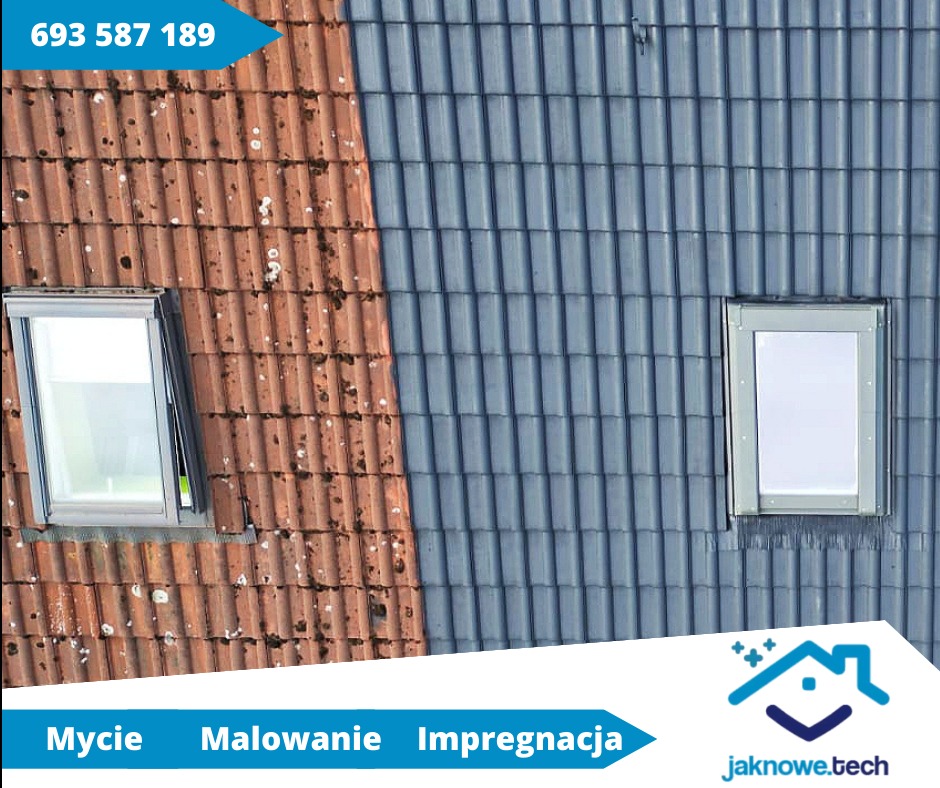 Część dachu z dachówką ceramiczną przed i po czyszczeniu oraz impregnacji, widoczne okno dachowe. Po lewej stronie dachówka w kolorze ceglastym, zabrudzona mchem i porostami, po prawej dachówka...