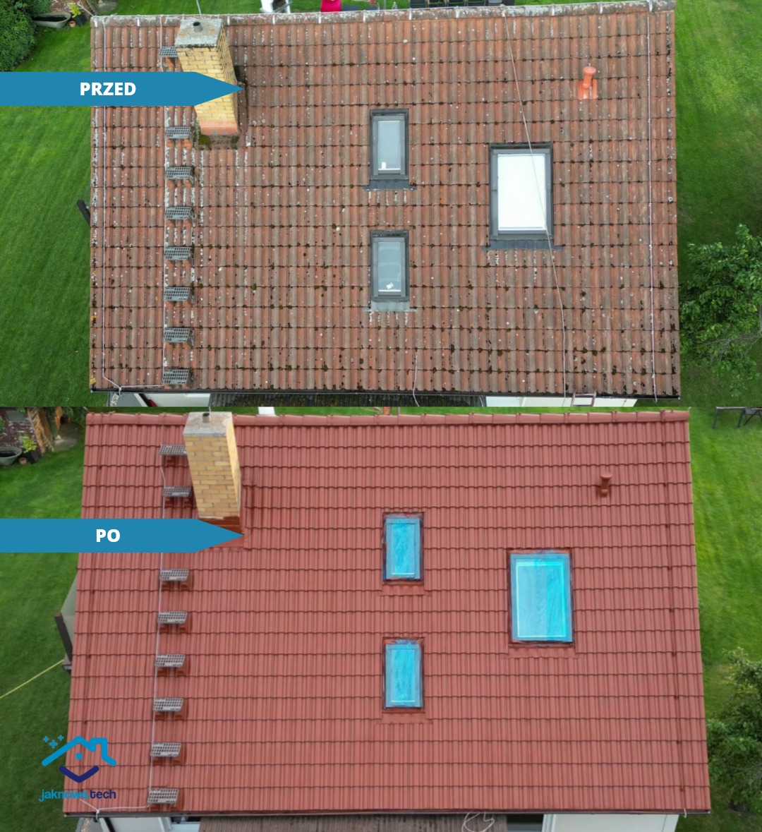 Porównanie dachu przed i po czyszczeniu, widok z góry, dachówka ceramiczna, na górze widoczny mech i zabrudzenia, na dole dach po czyszczeniu, kolor czerwony, okna dachowe zabezpieczone folią.