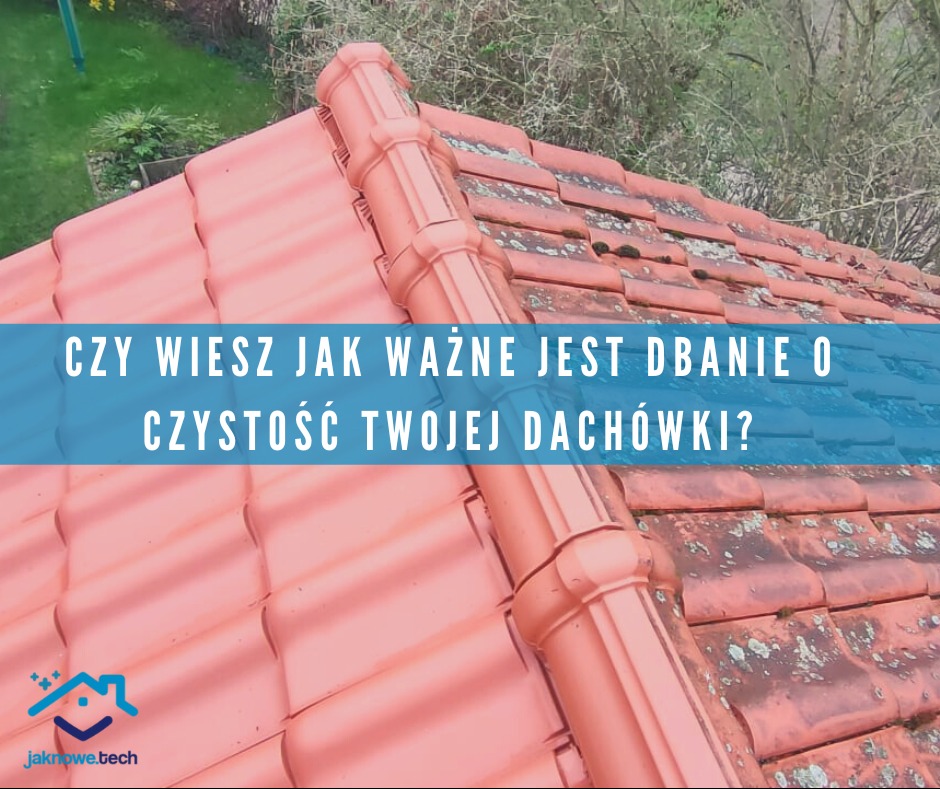 Dachówka ceramiczna częściowo pokryta mchem i porostami, kontrastująca z czystą, czerwoną dachówką po prawej stronie, z widoczną rynną. Na zdjęciu widoczny napis zachęcający do dbania o czystość...