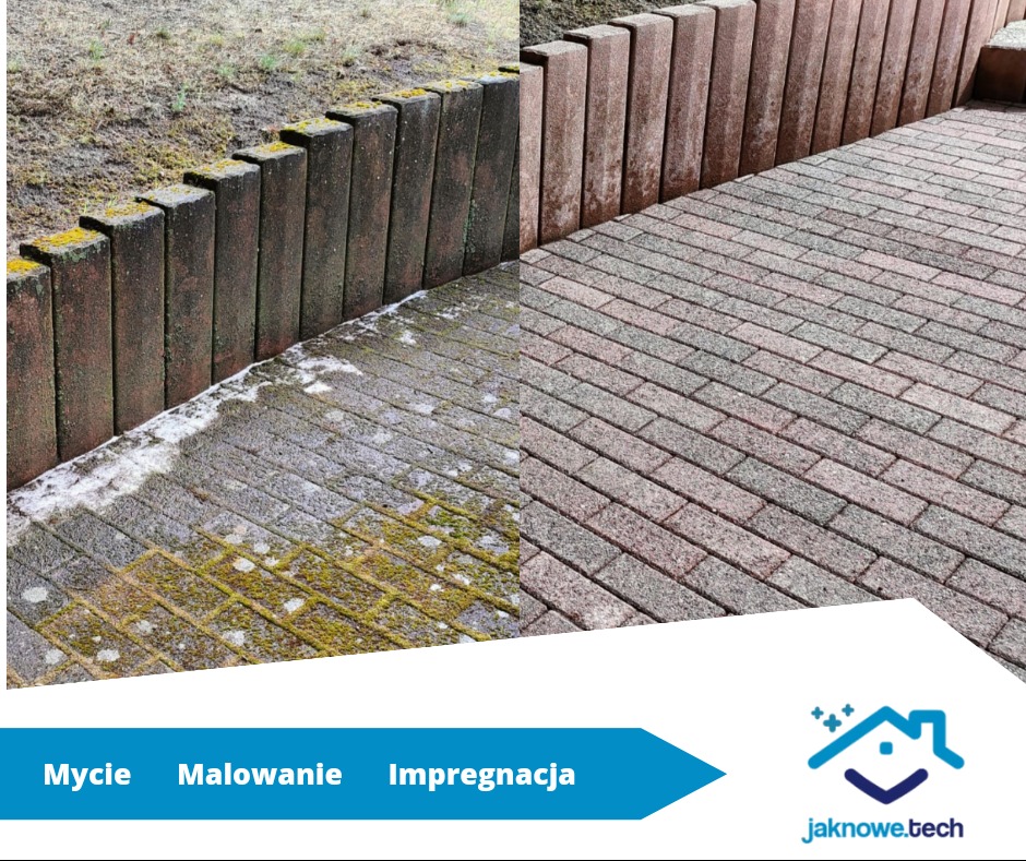 Porównanie kostki brukowej przed i po czyszczeniu: lewa strona pokryta mchem i zabrudzeniami, prawa strona czysta, z widoczną teksturą i kolorem. Tło: murki z cegły.