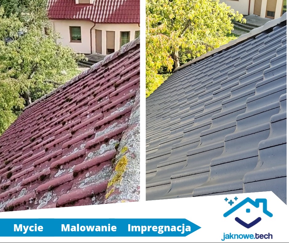 Porównanie dachu przed i po renowacji: część zarośnięta mchem i brudna, część czysta i pomalowana na szaro. Widoczny budynek w tle.