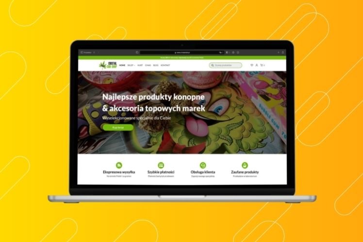 Laptop wyświetlający stronę internetową sklepu z produktami konopnymi, z zielonym logo w lewym górnym rogu i grafiką prezentującą produkty na stronie głównej. Na ekranie widoczne sekcje: ekspresowa...