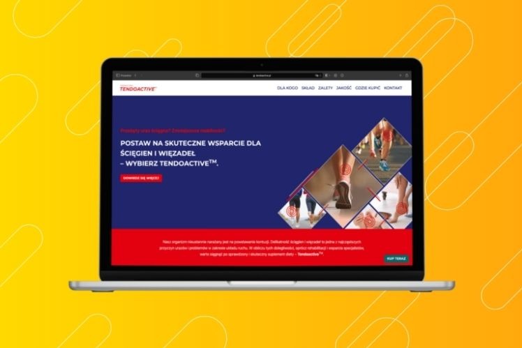 Ekran laptopa wyświetla landing page produktu Tendoactive z hasłem 'Postaw na skuteczne wsparcie dla ścięgien i więzadeł - Wybierz Tendoactive', zdjęcia nóg w ruchu z zaznaczonymi punktami bólowymi...