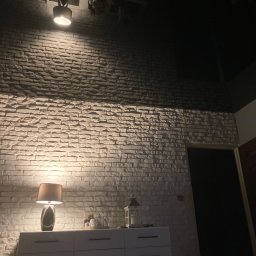 ProHome Przemysław Procho - Ściana z cegły dekoracyjnej oświetlona lampą sufitową i lampką nocną na komodzie w ciemnym wnętrzu.
