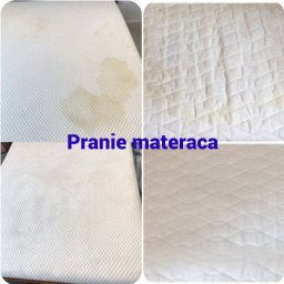Magic Mebel - Porównanie materaca z białym pikowaniem przed i po czyszczeniu. Po lewej widoczne plamy, po prawej czysty materac.