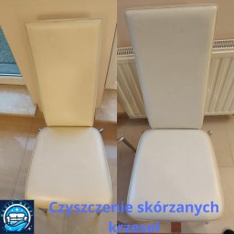 Magic Mebel - Krzesło skórzane przed i po czyszczeniu, widoczne różnice w odcieniach bieli, ukazujące skuteczność usługi. Ujęcie z przodu, na tle podłogi i grzejnika.