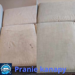 Magic Mebel - Kadr 'przed i po' z prania beżowej kanapy. Po lewej widoczne plamy na tapicerce, po prawej czysta, wyprana powierzchnia. Widok z góry na siedziska kanapy.