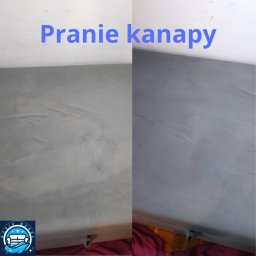 Magic Mebel - Zdjęcie 'przed i po' prania szarej kanapy. Po lewej stronie widoczny brud, po prawej czysta powierzchnia. Ujęcie z góry, widoczny fragment sufitu i podłogi.