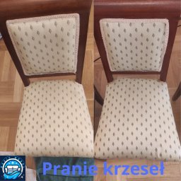 Magic Mebel - Krzesło tapicerowane w brązowej ramie, widok z góry: po lewej strona zabrudzona, po prawej wyczyszczona. Efekt prania tapicerki krzesła.