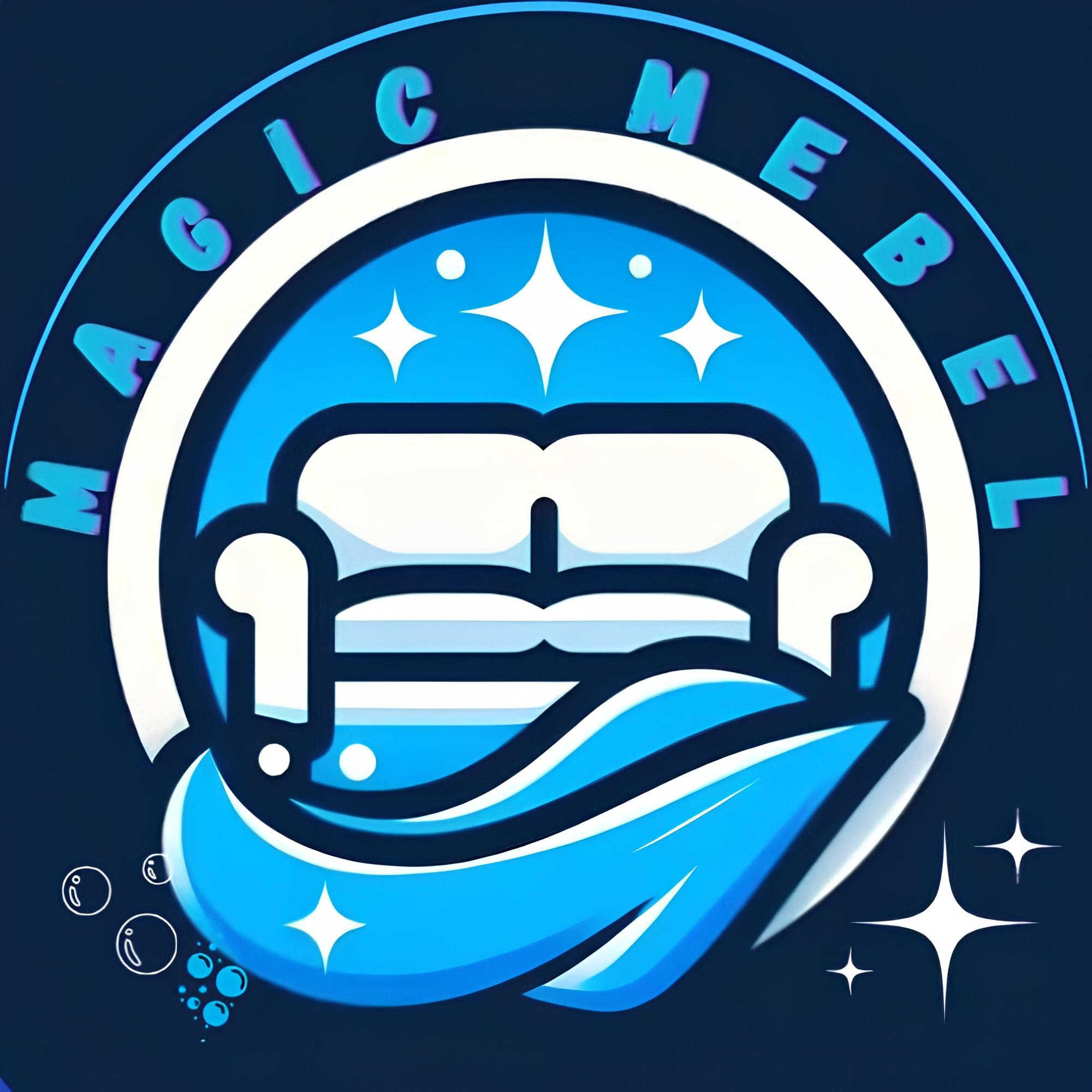 Logo firmy Magic Mebel przedstawiające stylizowaną kanapę w okręgu z napisem, poniżej motyw czyszczenia z bąbelkami i gwiazdkami na granatowym tle.