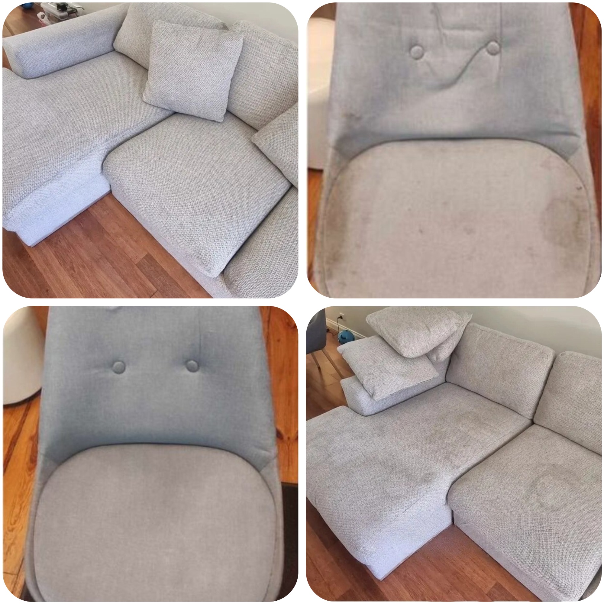 Kolaż zdjęć przedstawiający jasnoszarą, modułową sofę narożną z plamami na tapicerce oraz zbliżenie krzesła tapicerowanego z widocznymi zabrudzeniami przed czyszczeniem.