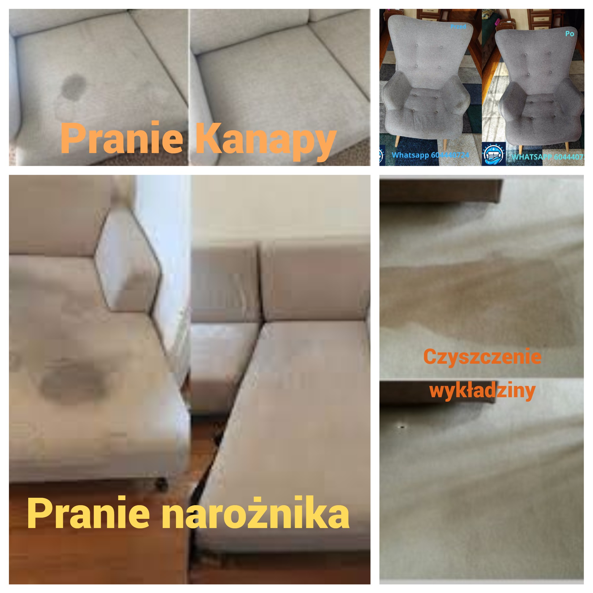 Kolaż zdjęć prezentujący efekty prania tapicerki meblowej: fragment kanapy z widocznym zabrudzeniem przed i po czyszczeniu, fotel z szarej tkaniny przed i po praniu, narożnik przed i po czyszczeniu...