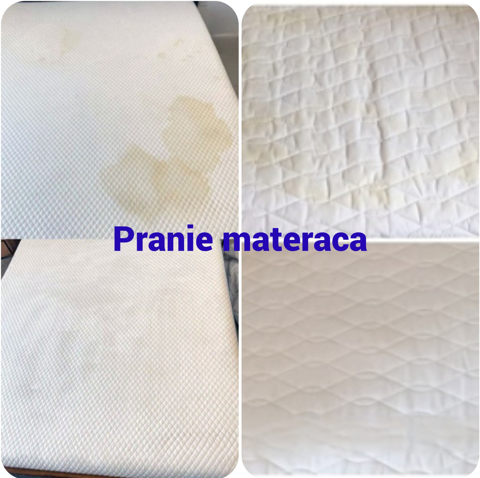 Porównanie materaca z białym pikowaniem przed i po czyszczeniu. Po lewej widoczne plamy, po prawej czysty materac.
