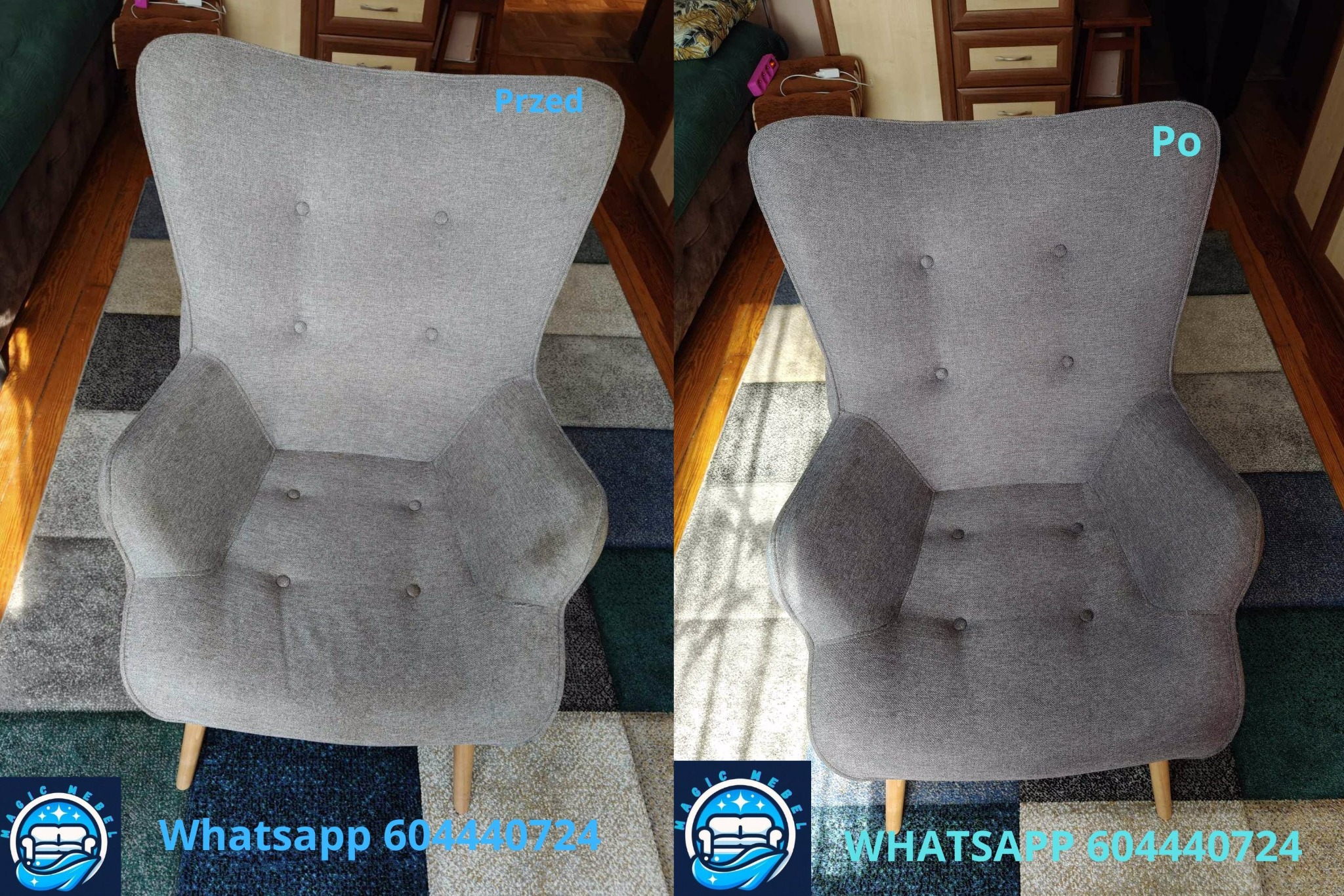 Szare, tapicerowane krzesło typu uszak, widok z góry, po lewej stronie widoczne zabrudzenia, po prawej stronie krzesło po czyszczeniu, na dole zdjęcia widoczne logo firmy i numer telefonu.