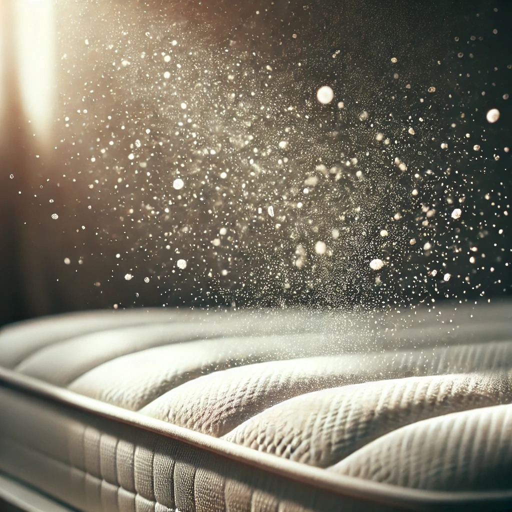 Materac z widocznymi drobinkami kurzu lub środka czyszczącego unoszącymi się w powietrzu pod wpływem światła, ukazujący proces czyszczenia.