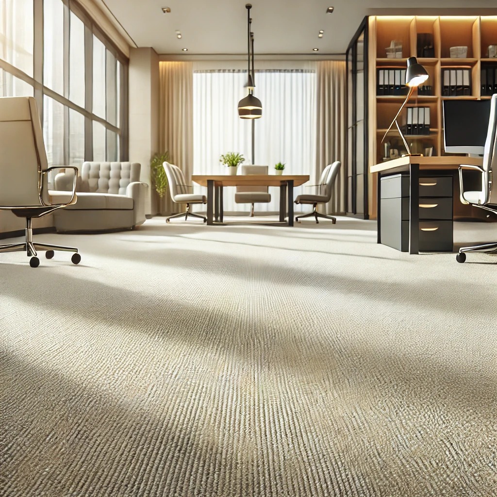 Jasny, teksturowany dywan w przestronnym biurze z meblami w neutralnych kolorach i dużymi oknami.