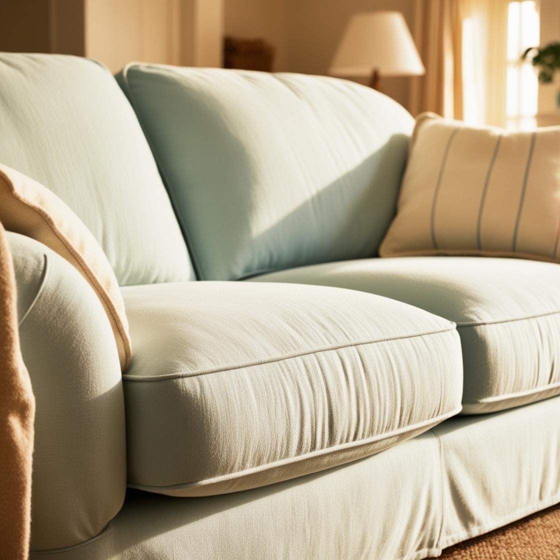 Jasna, pastelowa kanapa z poduszkami w słonecznym wnętrzu, widoczne delikatne cieniowanie na tkaninie i faktura materiału.