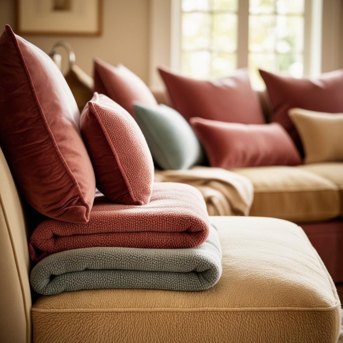 Beżowa kanapa z poduszkami w odcieniach czerwieni i błękitu oraz złożonymi kocami z wyraźną teksturą, w jasnym wnętrzu z oknem.