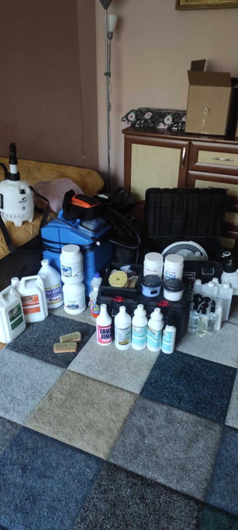 Zestaw środków czyszczących, szczotek i sprzętu w pomieszczeniu na dywanie w kwadraty