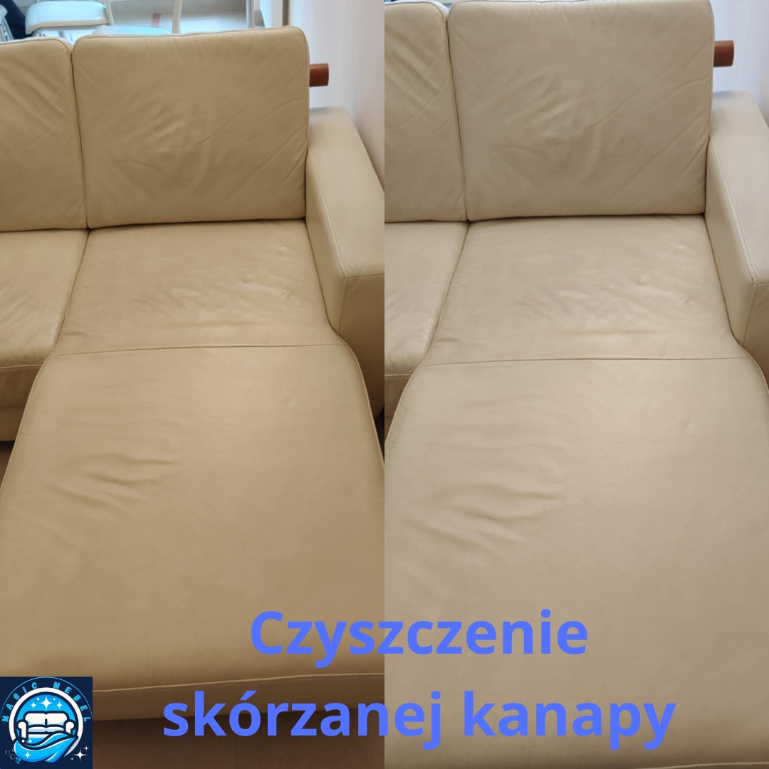 Beżowa, skórzana kanapa przed i po czyszczeniu. Widoczna różnica w odcieniu i czystości skóry. Jasne tło, naturalne oświetlenie.