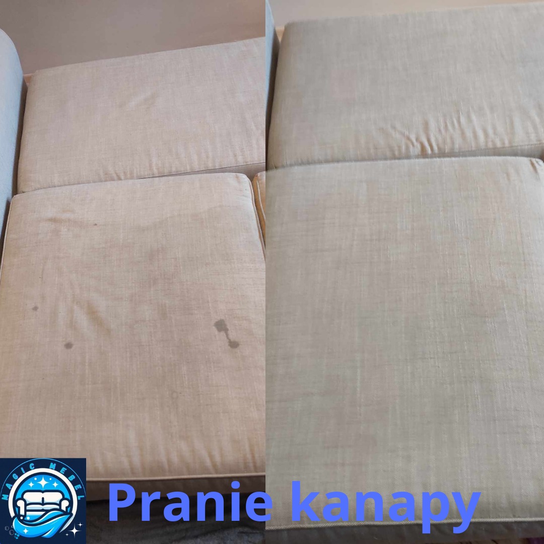 Kadr 'przed i po' z prania beżowej kanapy. Po lewej widoczne plamy na tapicerce, po prawej czysta, wyprana powierzchnia. Widok z góry na siedziska kanapy.