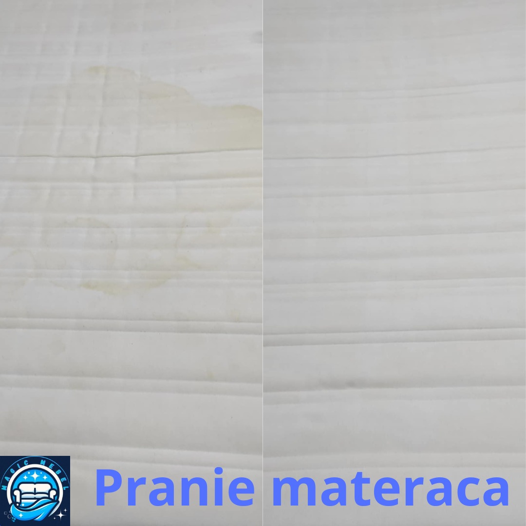 Materac po praniu: po lewej stronie widoczne żółte plamy, po prawej czysty, biały materiał. Widoczny efekt usługi prania materaca.