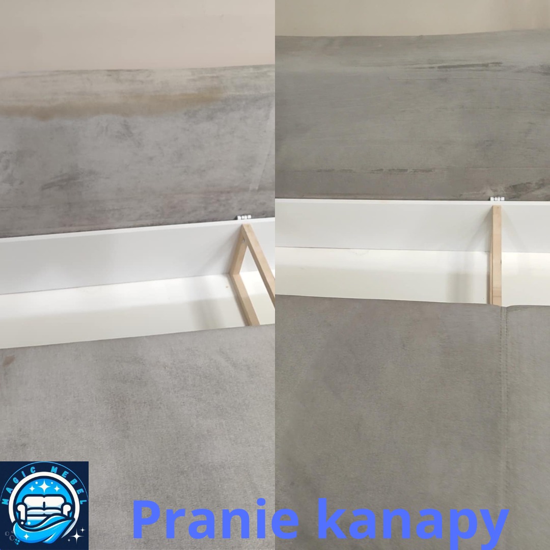 Zdjęcie 'przed i po' prania kanapy z szarej tapicerki. Po lewej widoczna plama, po prawej czysta powierzchnia. Widoczna konstrukcja i mechanizm rozkładania.