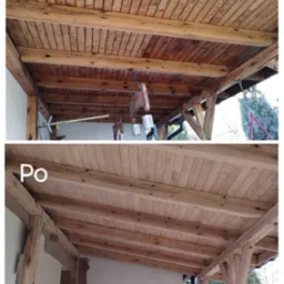 Drewniana konstrukcja dachu altany: widok przed i po renowacji, z ciemniejszego, zabrudzonego drewna do jasnego, odświeżonego wykończenia. Porównanie tekstur i kolorów.