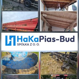 HAKA PIAS-BUD SPÓŁKA Z OGRANICZONĄ ODPOWIEDZIALNOŚCIĄ - Zestawienie zdjęć: piaskowana naczepa, altana przed i po czyszczeniu, basen przed i po renowacji, podwozie pojazdu. Logo firmy HaKaPias-Bud.