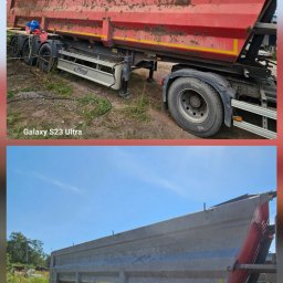 HAKA PIAS-BUD SPÓŁKA Z OGRANICZONĄ ODPOWIEDZIALNOŚCIĄ - Czerwona naczepa przed czyszczeniem z widocznymi zabrudzeniami i rdzą, oraz ta sama naczepa po czyszczeniu, w kolorze szarym, na zewnątrz.