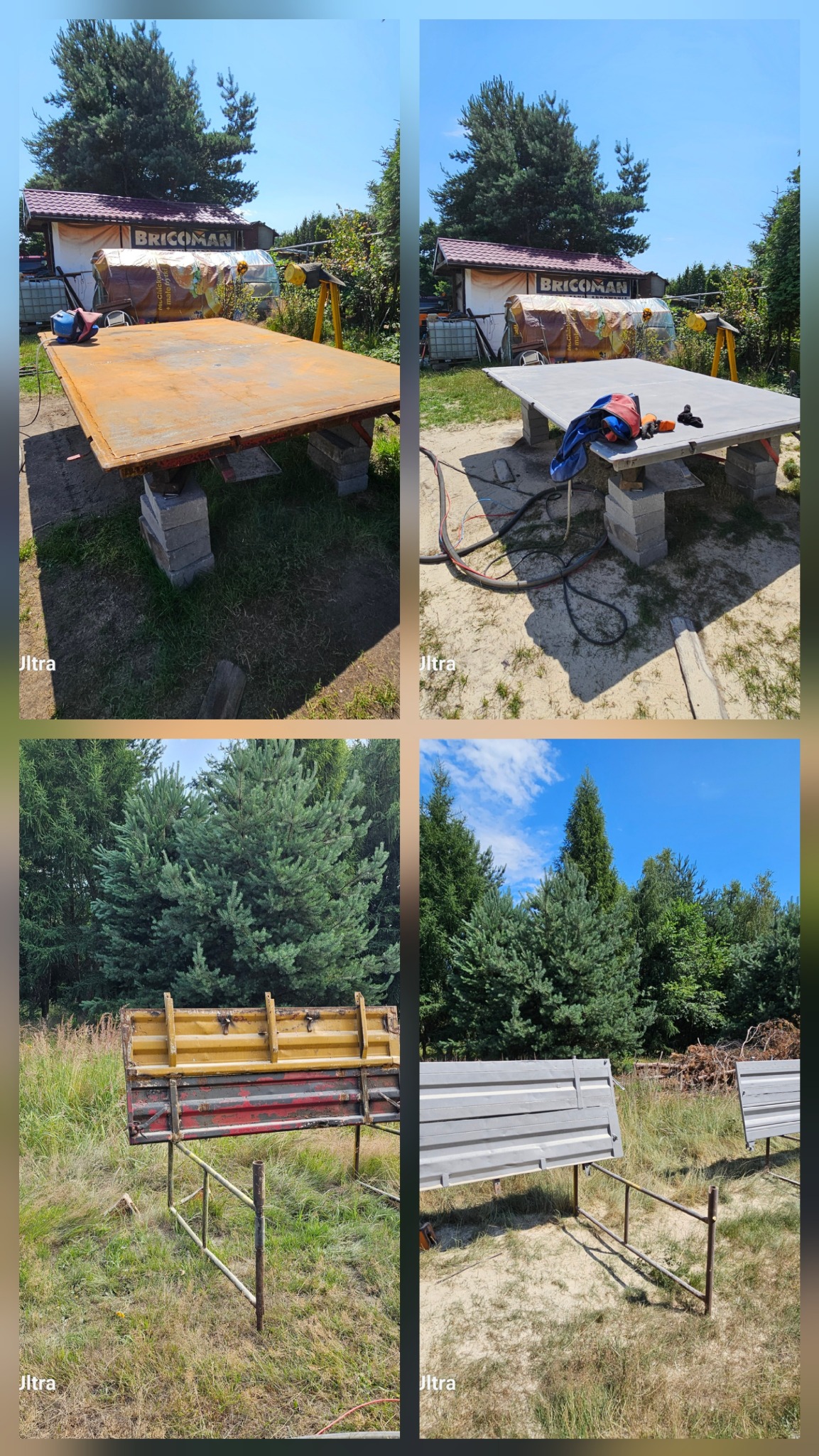 Porównanie: metalowa platforma przed i po odnowieniu, zardzewiała vs. pomalowana na szaro. Widoczne ślady obróbki, otoczenie zewnętrzne.