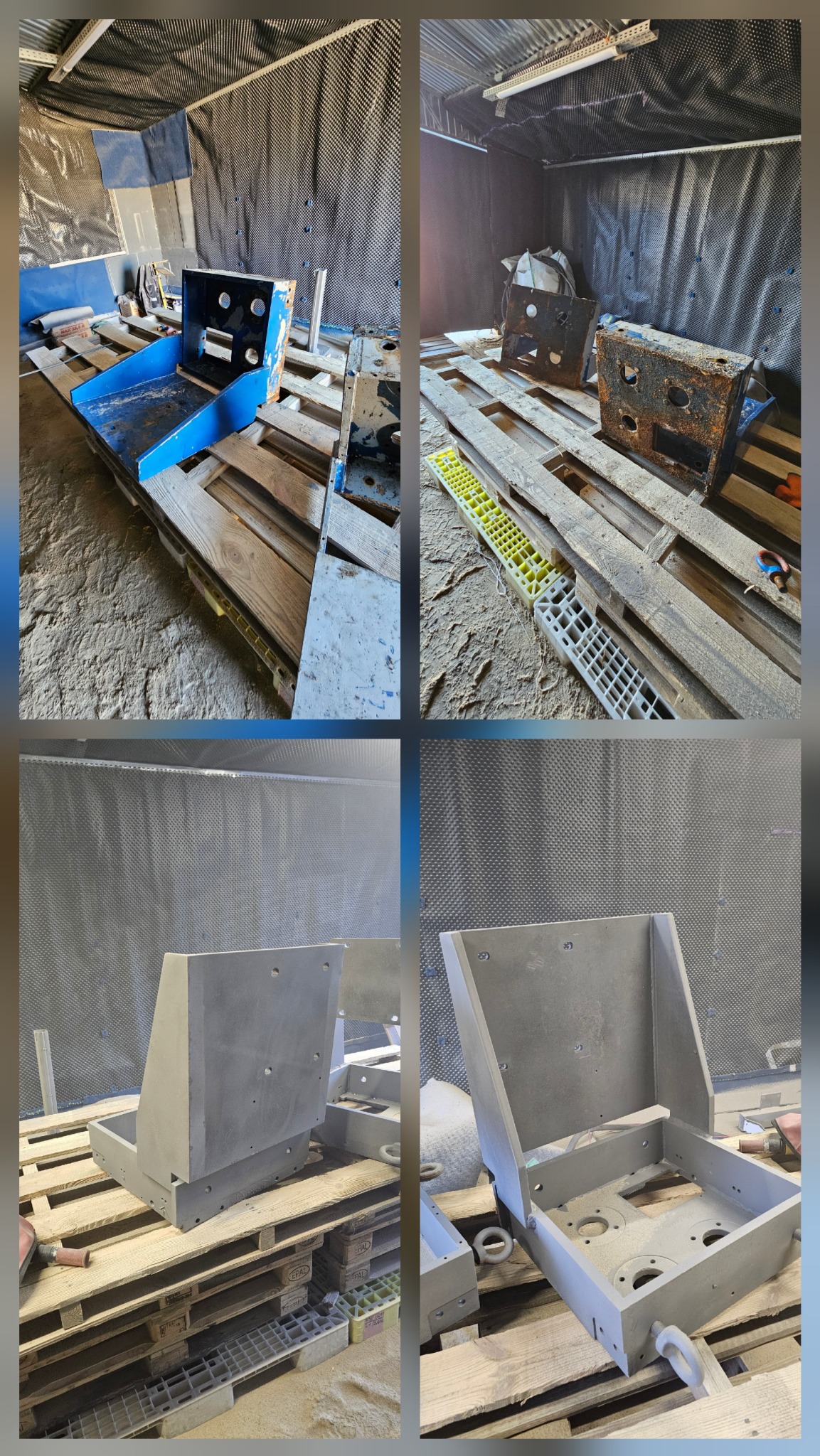 Metalowe obudowy maszyn przed i po renowacji, umieszczone na paletach w pomieszczeniu z osłoniętymi ścianami. Widoczne różnice w stanie powierzchni.