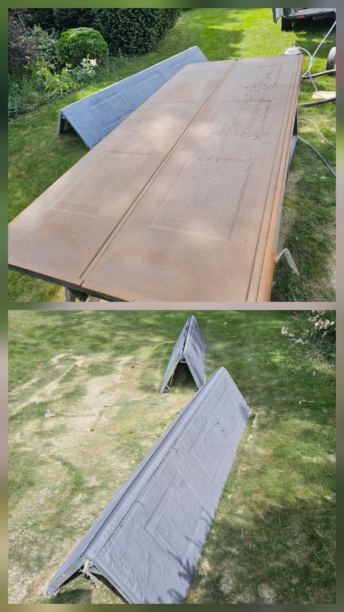 Dwie segmentowe bramy garażowe: jedna świeżo oczyszczona, szara, druga brązowa, przed czyszczeniem, leżą na trawie w ogrodzie. Widoczne narzędzia i wąż.