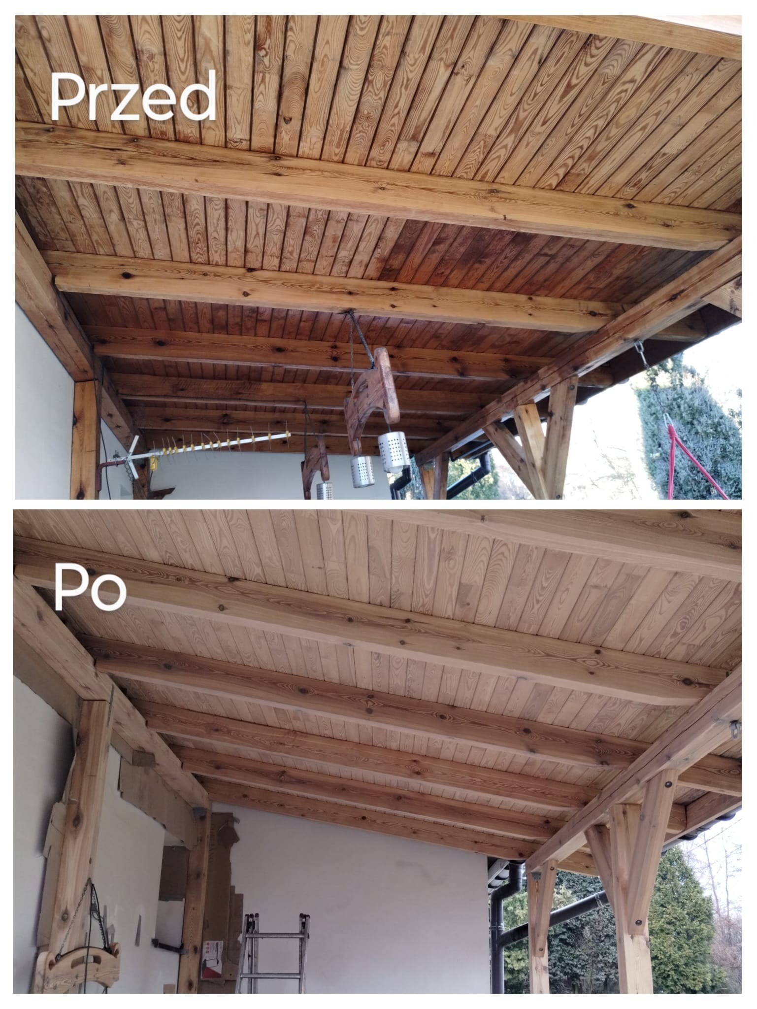 Drewniana konstrukcja dachu altany: widok przed i po renowacji, z ciemniejszego, zabrudzonego drewna do jasnego, odświeżonego wykończenia. Porównanie tekstur i kolorów.