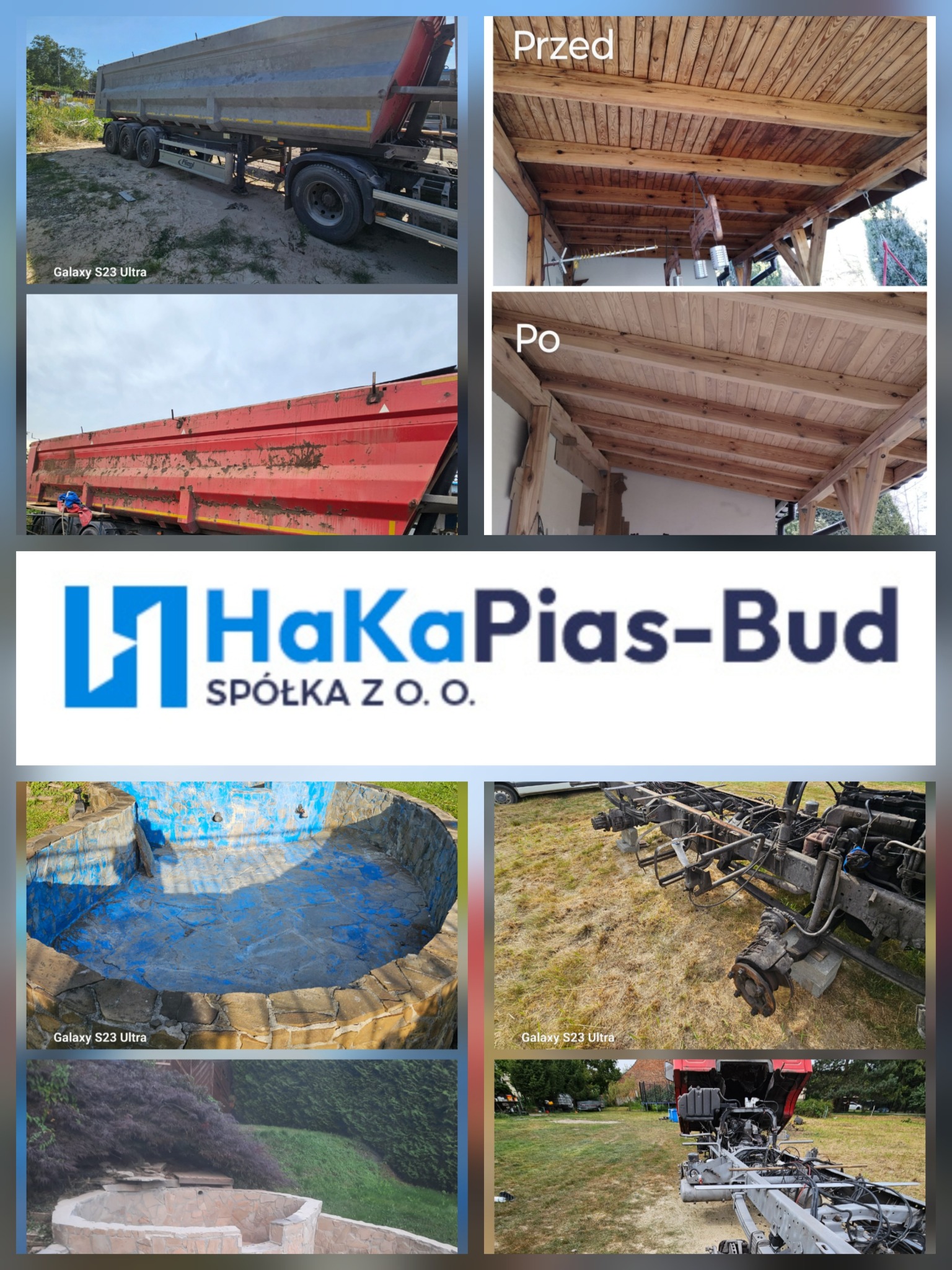 Zestawienie zdjęć: piaskowana naczepa, altana przed i po czyszczeniu, basen przed i po renowacji, podwozie pojazdu. Logo firmy HaKaPias-Bud.