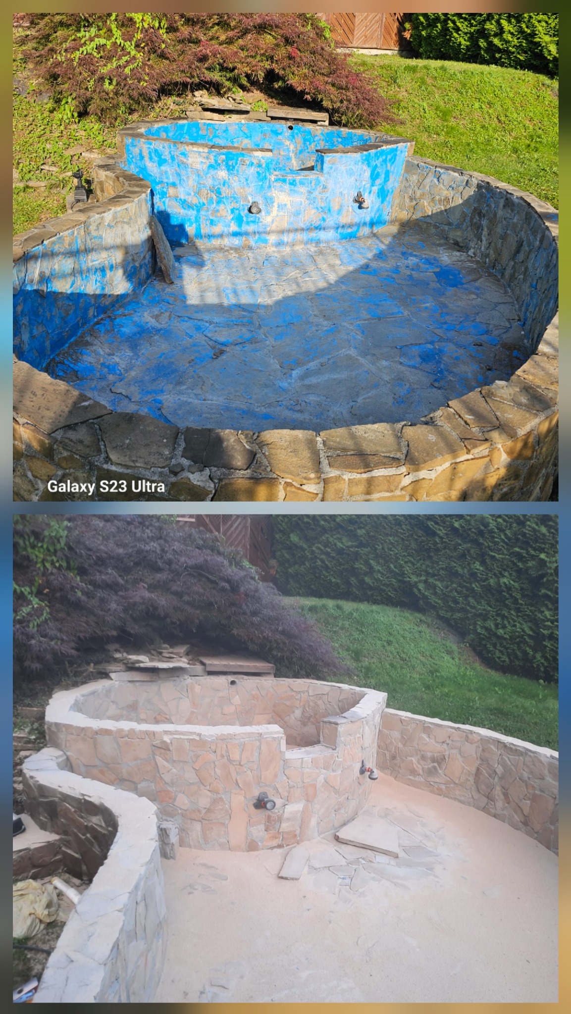 Zdjęcie 'przed i po' renowacji kamiennego oczka wodnego: górna część ukazuje zanieczyszczoną, pomalowaną na niebiesko konstrukcję, dolna - odnowioną, kamienną powierzchnię.