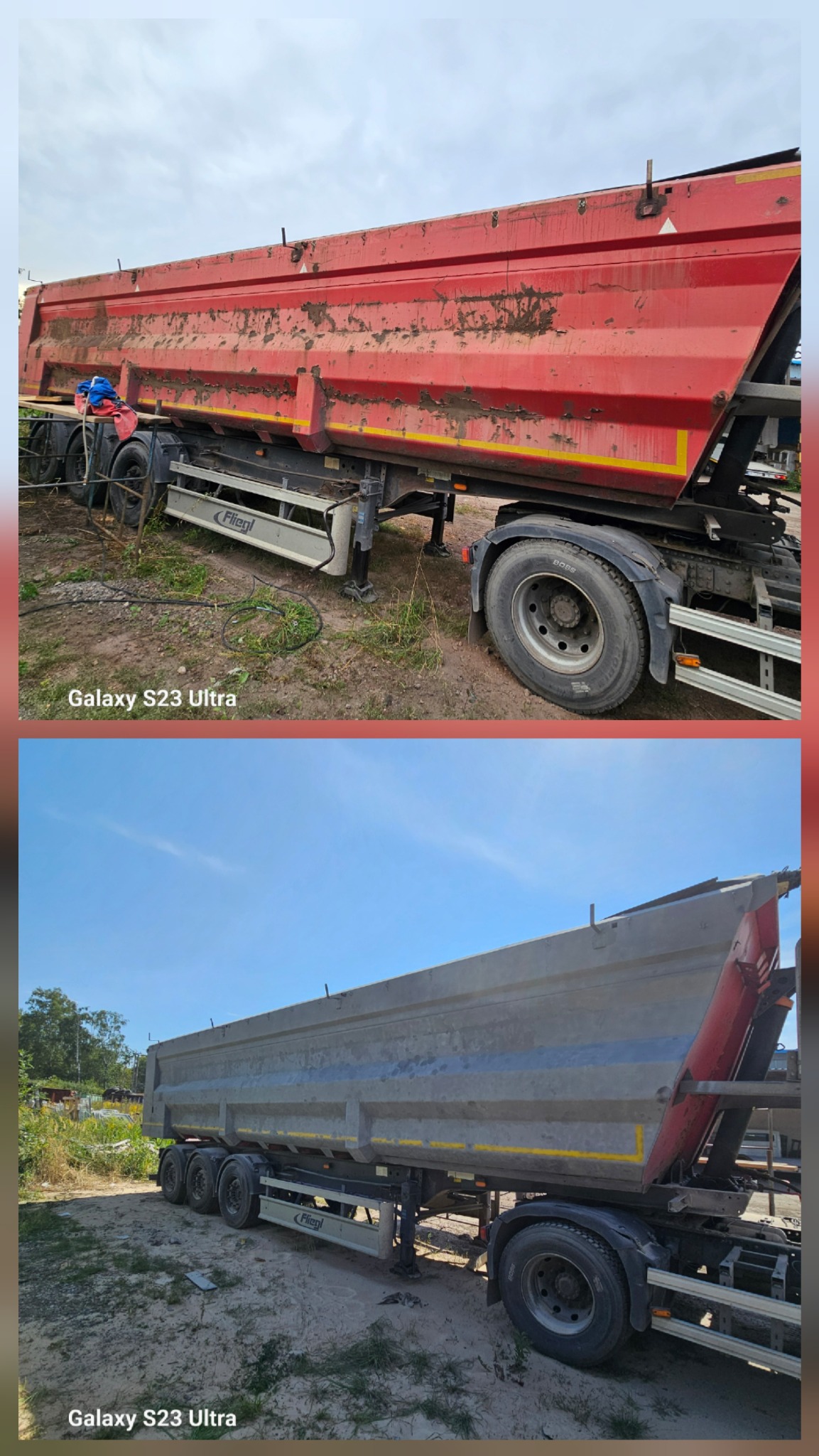 Czerwona naczepa przed czyszczeniem z widocznymi zabrudzeniami i rdzą, oraz ta sama naczepa po czyszczeniu, w kolorze szarym, na zewnątrz.