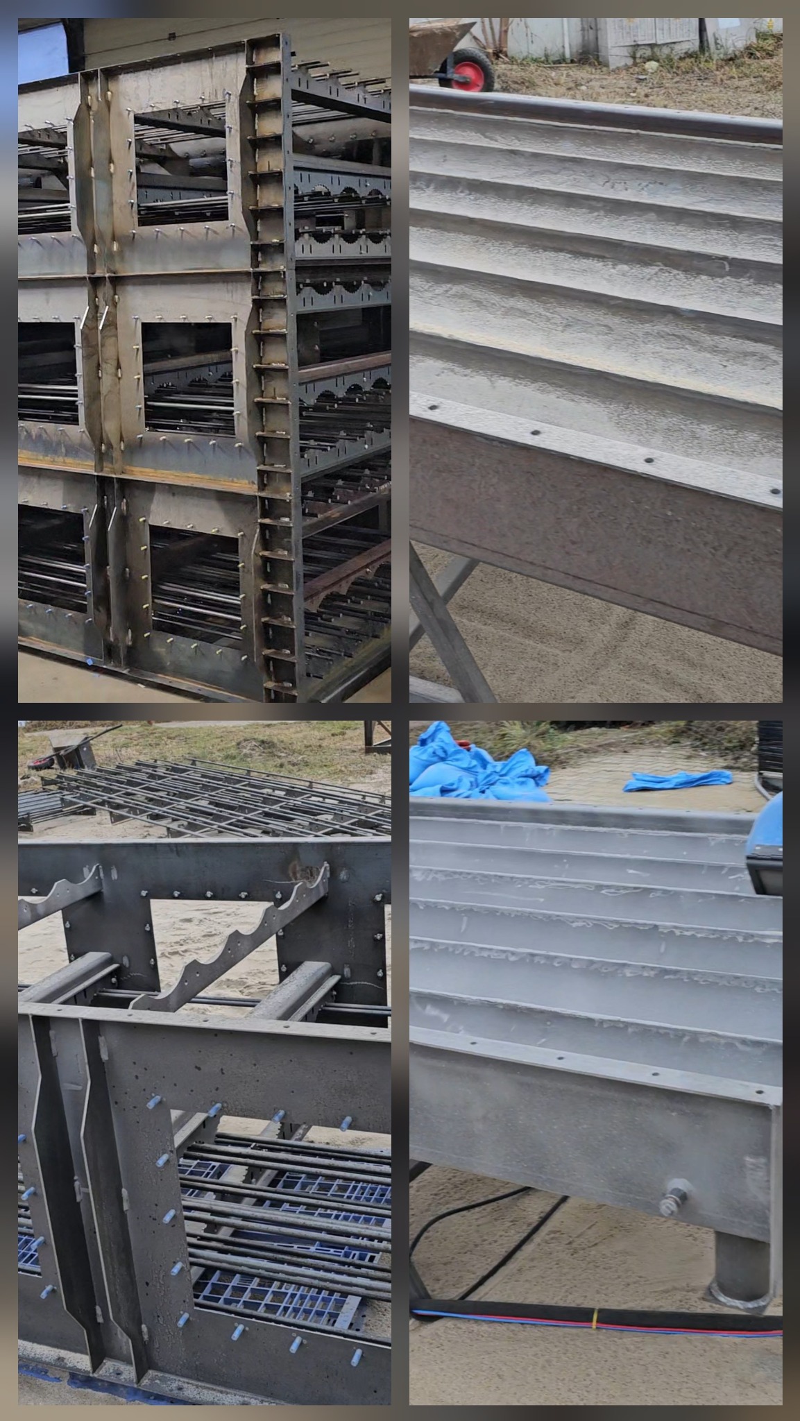 Metalowa konstrukcja po obróbce, widoczne ślady po procesie czyszczenia. Elementy rusztowania i kraty pomalowane na szaro. Detale konstrukcyjne i złącza.