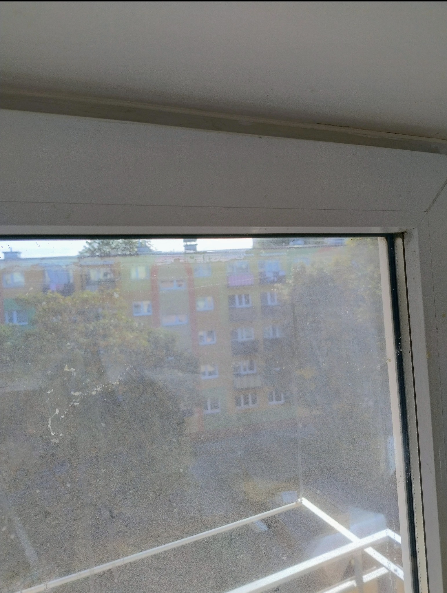 Brudna szyba okienna z widokiem na blok mieszkalny i drzewa, widoczne zacieki i osad na szkle.