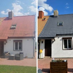 Pro-Dach - Porównanie stanu dachu przed i po renowacji: po lewej stronie dach z czerwonej dachówki, po prawej świeżo pomalowany na szaro, z nowymi obróbkami blacharskimi.
