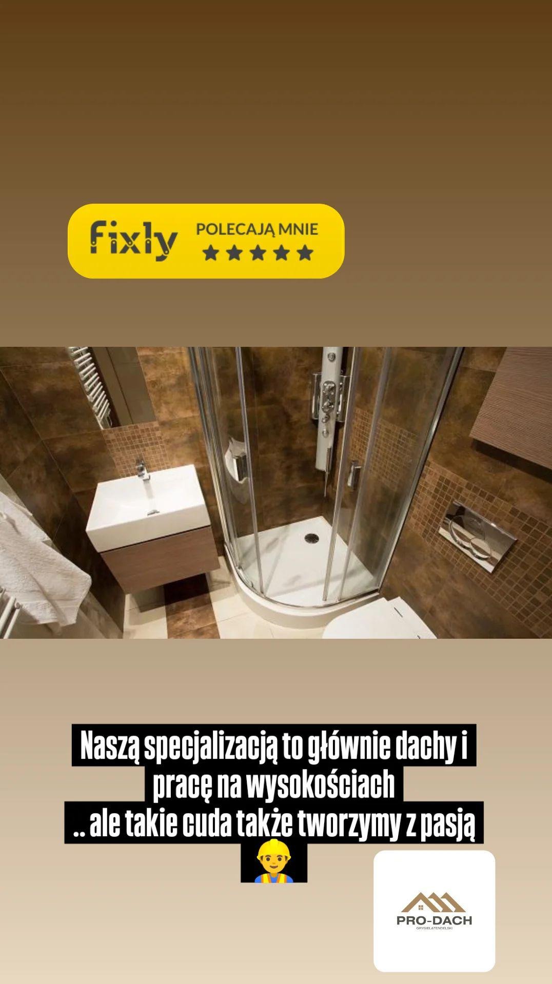 Nowoczesna łazienka z kabiną prysznicową narożną, umywalką nablatową na szafce z drewnopodobnym frontem, brązowe płytki na ścianach. Widoczny fragment logo firmy z poleceniem klienta.