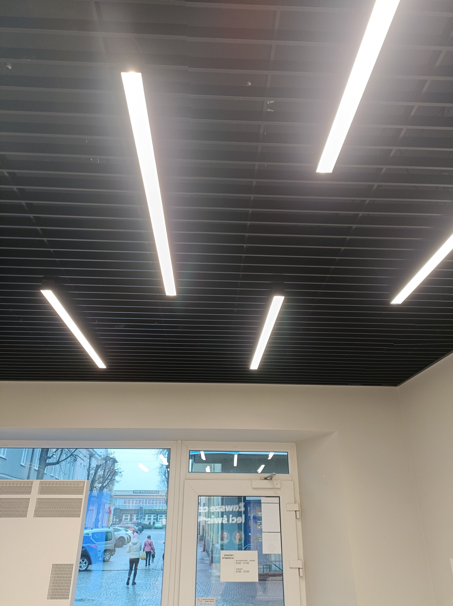 Sufit podwieszany z rastrem i liniowymi lampami LED, widok z dołu na biuro lub lokal usługowy z oknem na ulicę.