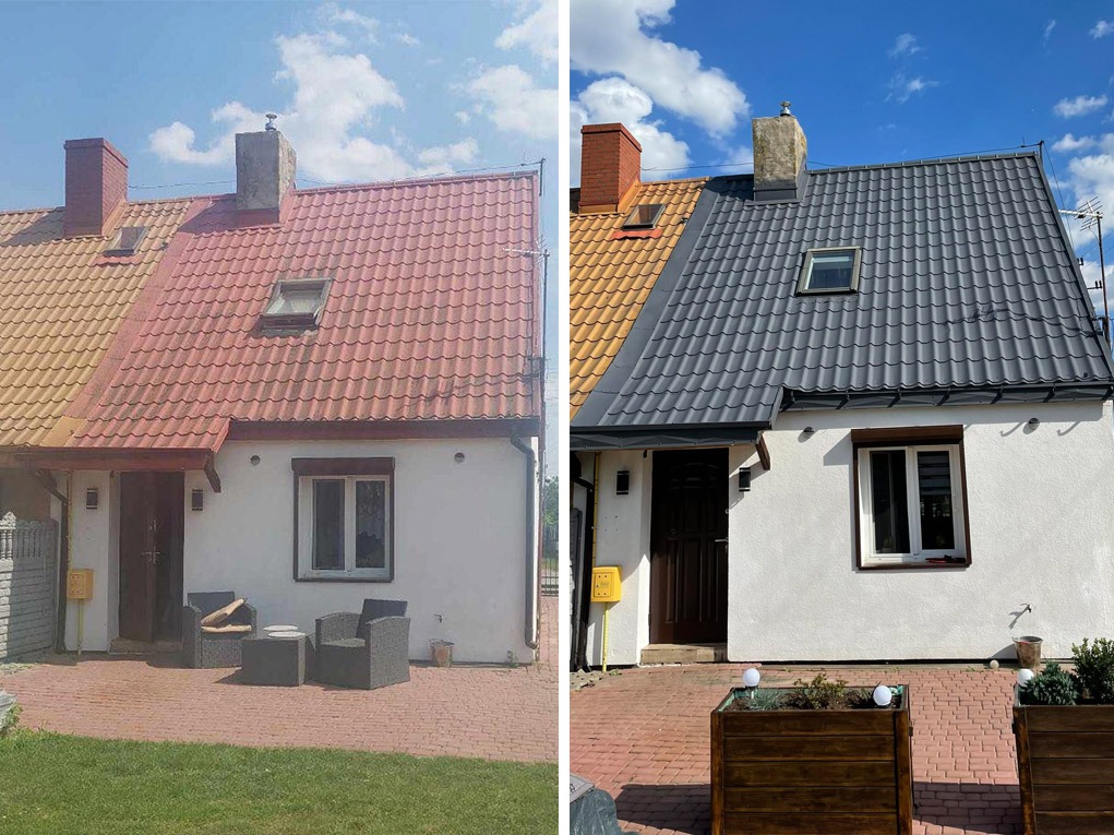 Porównanie stanu dachu przed i po renowacji: po lewej stronie dach z czerwonej dachówki, po prawej świeżo pomalowany na szaro, z nowymi obróbkami blacharskimi.