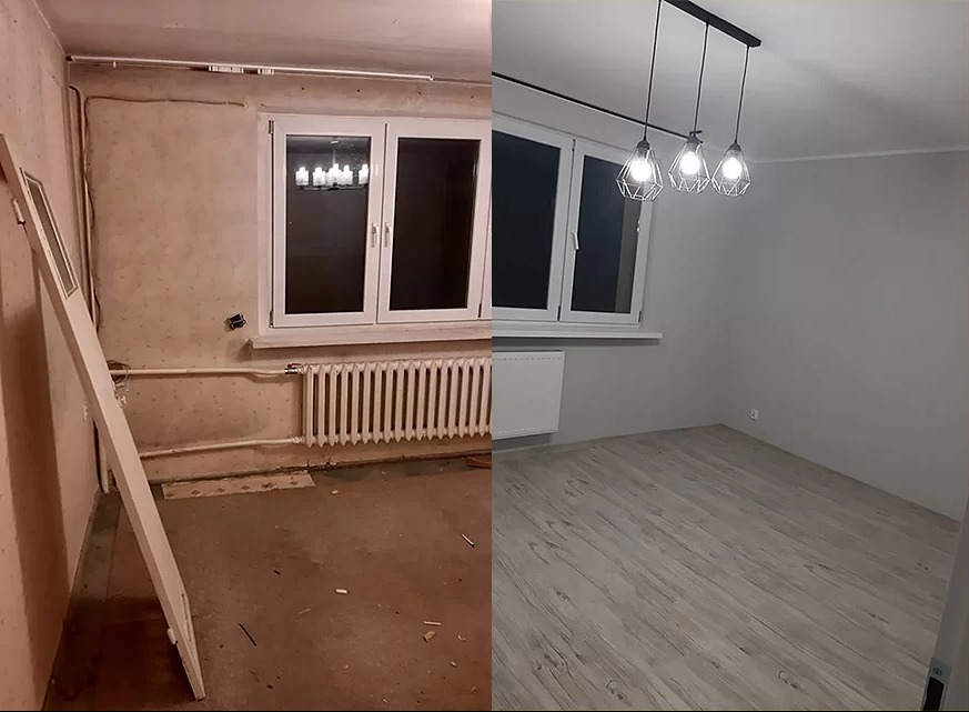 Pokój przed i po: po lewej surowe ściany i podłoga, grzejnik, okno z żyrandolem, po prawej pomalowane ściany na szaro, nowa podłoga, nowe oświetlenie sufitowe.