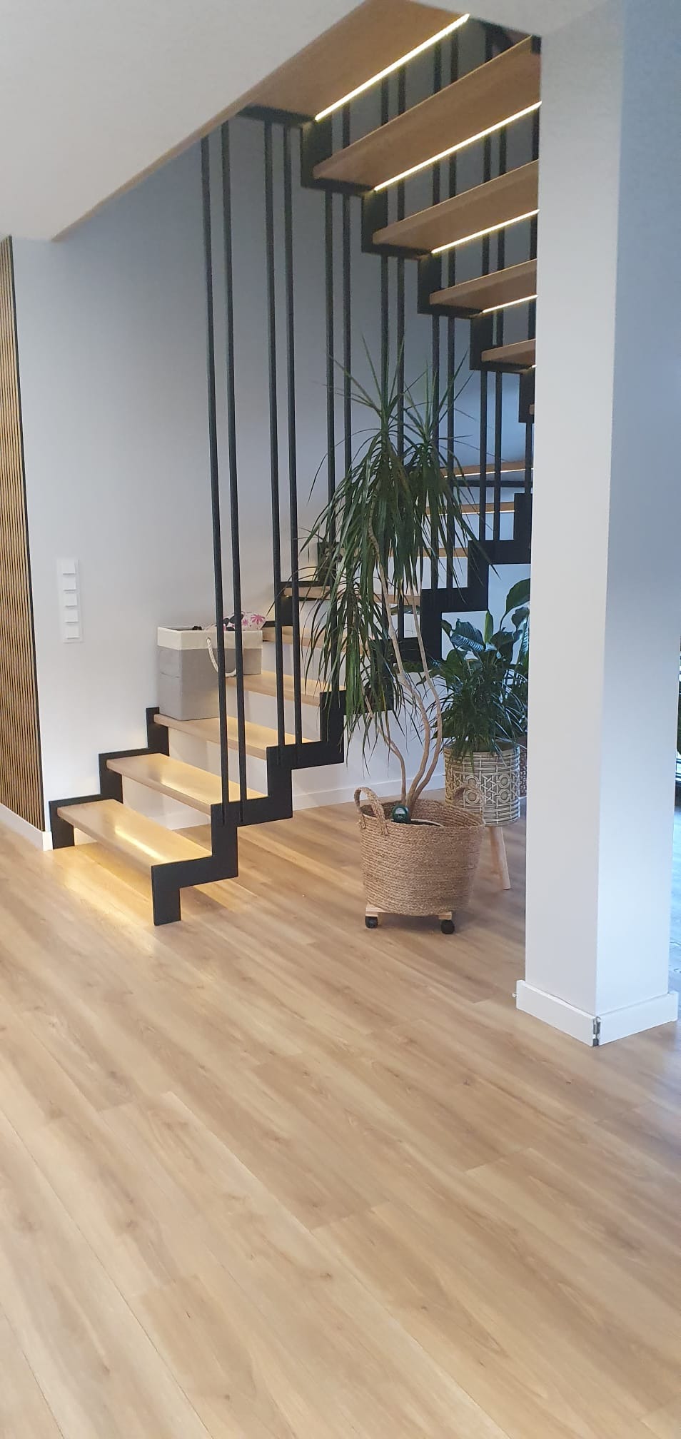 Nowoczesne schody z podświetlanymi stopniami i czarnymi balustradami, drewniana podłoga, jasne ściany i dekoracyjne rośliny doniczkowe.